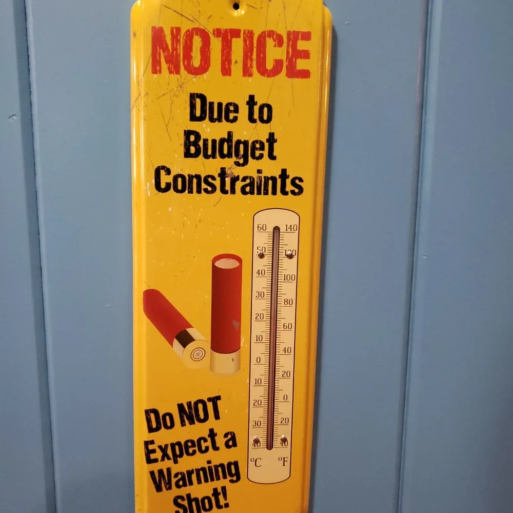 Warning - No Warning Shot - Retro Large Metal Thermometer - Indoor/Outdoor